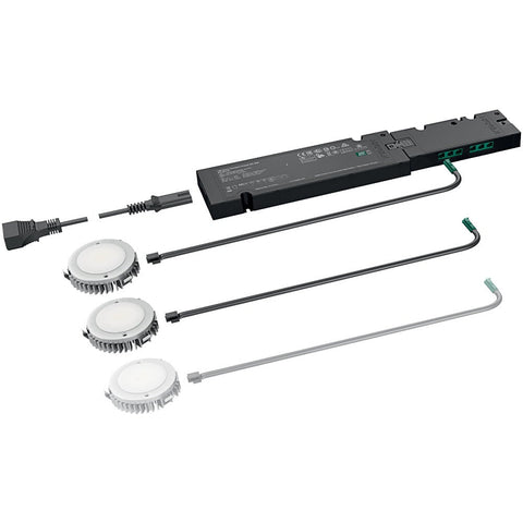 LED Downlight 3pc Kit - Warm White for Recess Mounting Features: LED downlight kit 3092 for recess mounting24V SystemDimmable Colour temperature (K) 2700 (Warm White) Housing diameter Ø (mm): 65 Housing height (mm): 2.6 Downlight diameter drill hole Ø (mm