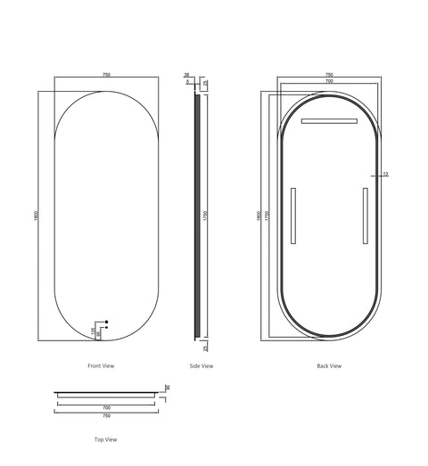 NOOSA LED Oval Frameless Mirror 1800x750mm