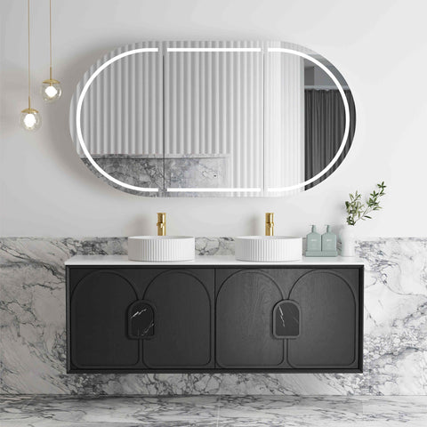 Laguna Black American Oak Double Basin Vanity Vanity Otti Australia 1500mm Quartz Stone Pure White-20mm Above Counter