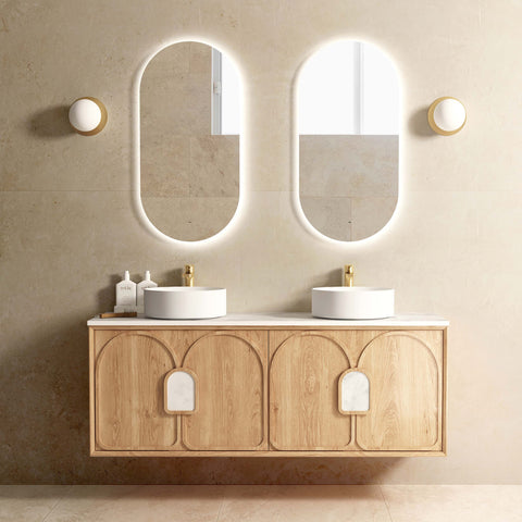 Laguna Natural American Oak Double Basin Vanity Vanity Otti Australia 1500mm Quartz Stone Pure White-20mm Above Counter