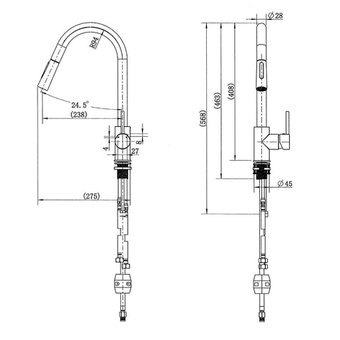 Hafele Mixer Tap Polished Chrome Pullout Sprayer Style: Gooseneck Material: Brass Colour: Chrome Features: Polished finish4 Star WELS Water Rating (6.5L/min)Ceramic cartridge typeDual spray functionPull out spray hose Dimensions: Spout height: 215mmMixer