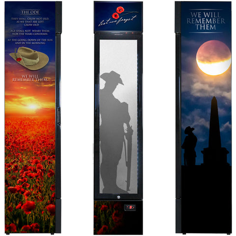 Skinny Upright Bar Fridge With Lest We Forget Design - Model SS-P160FA-LWF2