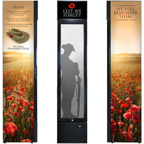 Skinny Upright Bar Fridge With Lest We Forget Design - Model SS-P160FA-LWF