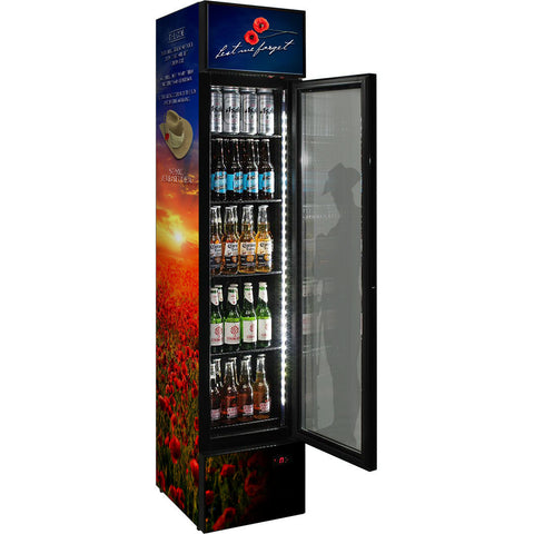 Skinny Upright Bar Fridge With Lest We Forget Design - Model SS-P160FA-LWF2