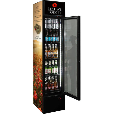 Skinny Upright Bar Fridge With Lest We Forget Design - Model SS-P160FA-LWF