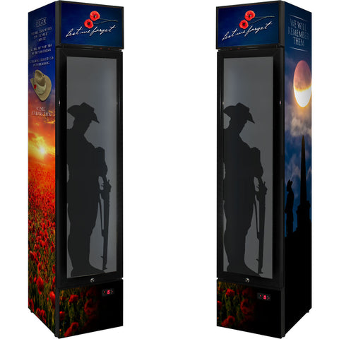 Skinny Upright Bar Fridge With Lest We Forget Design - Model SS-P160FA-LWF2