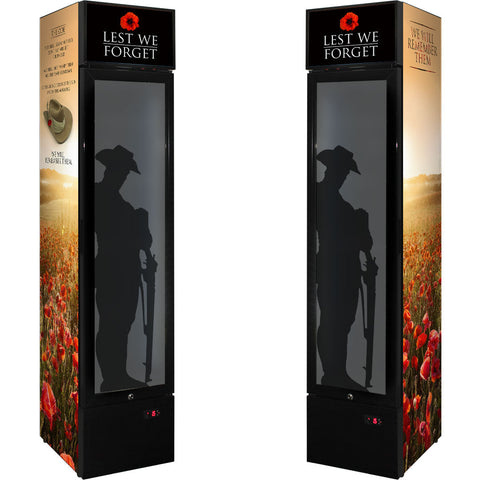 Skinny Upright Bar Fridge With Lest We Forget Design - Model SS-P160FA-LWF