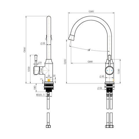 MON004 – Montpellier Gooseneck Kitchen Mixer – Chrome sketch
