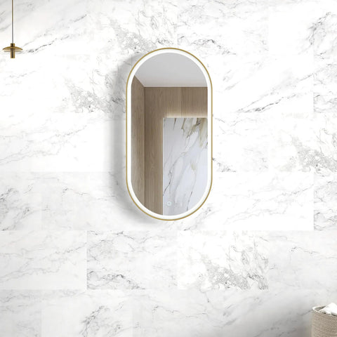 Metal Framed Led Mirror 900x450mm Oval Daylight 6000K Brushed Yellow Gold