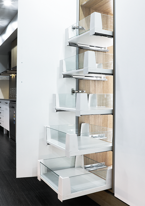 450mm MiO Internal Pull Out Drawer Features: Separate usable drawers extend completely out of the unit for optimum functionalityGlass panorama slides for a light and transparent designCan be installed at any height in both tall pantry and base cabinetsCom