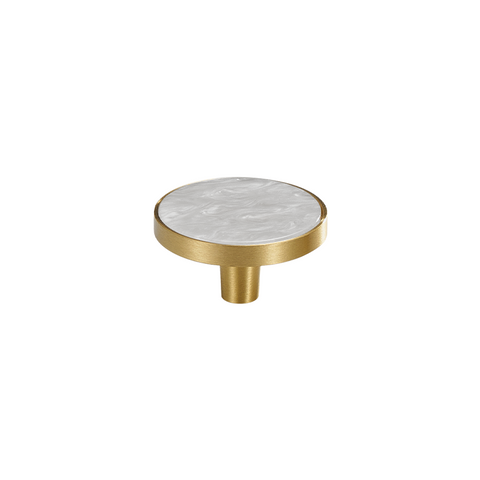 Prisma Solid Brass & Acrylic Round Knob | Satin Brass & Marbled White