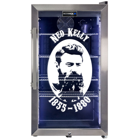 Ned Kelly Themed Alfresco Bar Fridge With Led Strip Lights, Lock and LOW E Glassed - Model SC88-SS-NED