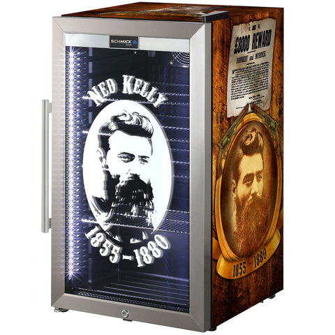Ned Kelly Themed Alfresco Bar Fridge With Led Strip Lights, Lock and LOW E Glassed - Model SC88-SS-NED