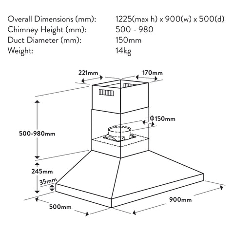 Omega 90cm Canopy Rangehood