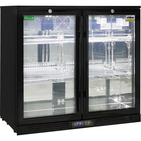 Quiet Running Under Bench Black Heated Glass Double Door Bar Fridge - Model SG2H-BQ-HD