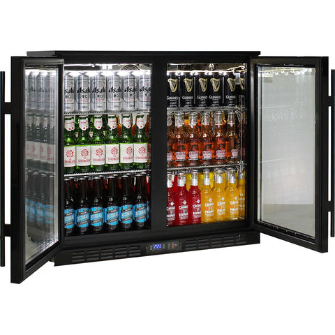 Quiet Running Under Bench Black Heated Glass Double Door Bar Fridge - Model SG2H-BQ-HD