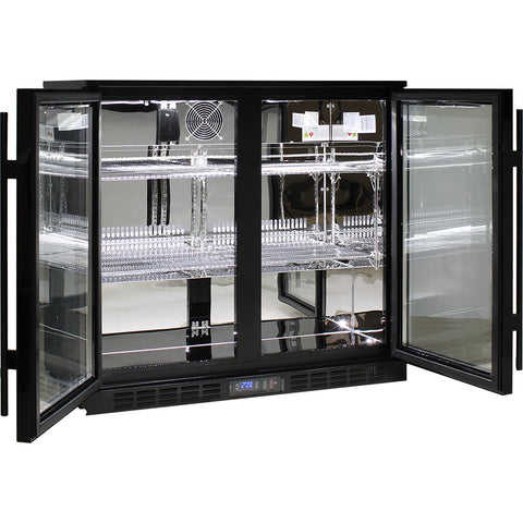 Quiet Running Under Bench Black Heated Glass Double Door Bar Fridge - Model SG2H-BQ-HD