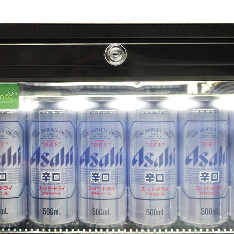 Quiet Running Under Bench Black Heated Glass Double Door Bar Fridge - Model SG2H-BQ-HD