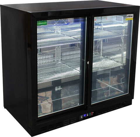 Rhino Black Glass Sliding Under Bench 2 Door Bar Fridge Energy Efficient LG Compressor - Model SG2S-B