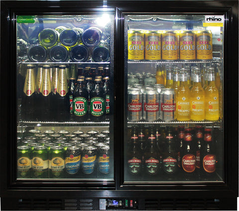 Rhino Black Glass Sliding Under Bench 2 Door Bar Fridge Energy Efficient LG Compressor - Model SG2S-B