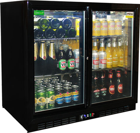 Rhino Black Glass Sliding Under Bench 2 Door Bar Fridge Energy Efficient LG Compressor - Model SG2S-B