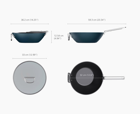 Space Folding Handle Ceramic Non-stick 32cm Blue Wok & Lid