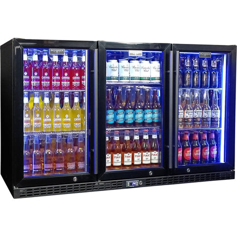 Schmick Black 3 Door Quiet Running Heated Glass Door Bar Fridge - Model SK386-B-HD