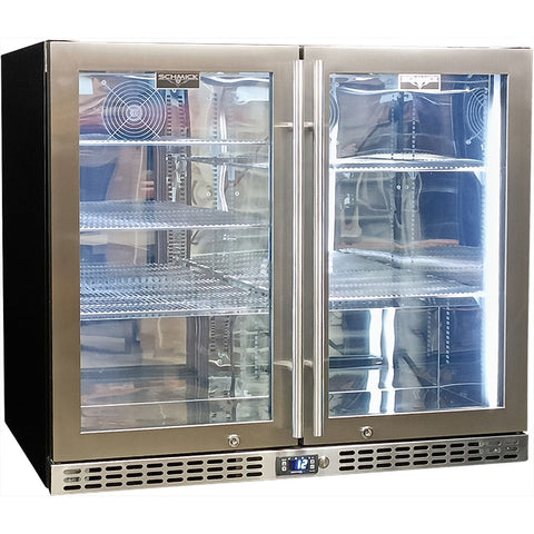 Schmick Twin Door Quiet Running Stainless Steel Heated Glass Door Bar Fridge - Model SK206-HD - Low Height