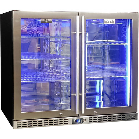 Schmick Twin Door Quiet Running Stainless Steel Heated Glass Door Bar Fridge - Model SK206-HD - Low Height