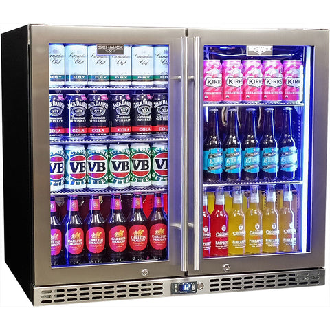 Schmick Twin Door Quiet Running Stainless Steel Triple Glazed Glass Door Bar Fridge - Model SK206-SS - Low Height