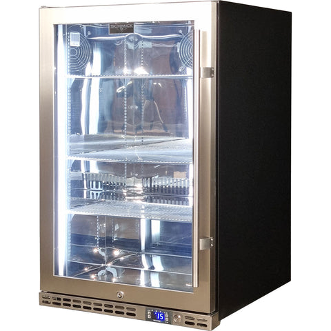 Schmick Stainless Steel Quiet Front Venting Under Bench Heated Glass Door Bar Fridge - Model SK146L-HD