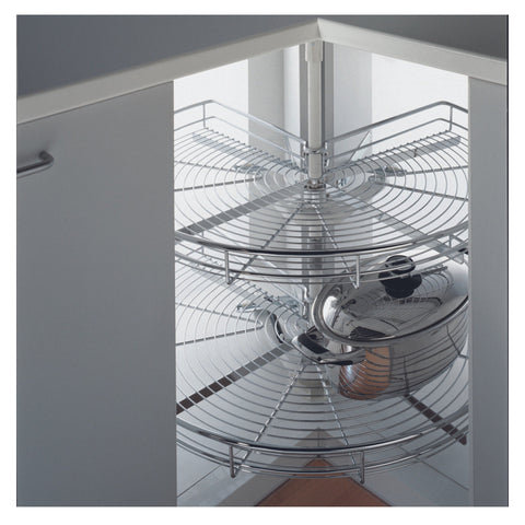 Corner Carousel Fitting Area of application: For base mounted corner units Material: Steel Finish: Chrome-plate Version: For maximum of 2 shelves Function: Independently swiveling carousels Internal Cabinet height: 635 - 770 mm Load capacity per shelf: 25