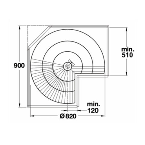Corner Carousel Fitting Area of application: For base mounted corner units Material: Steel Finish: Chrome-plate Version: For maximum of 2 shelves Function: Independently swiveling carousels Internal Cabinet height: 635 - 770 mm Load capacity per shelf: 25