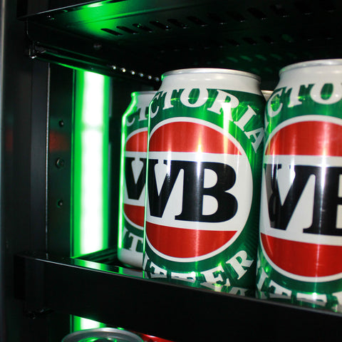 Upright Super Slim Depth Quiet Running Glass Front Beer Fridge With 5 x LED Colour Options - Model SK168B