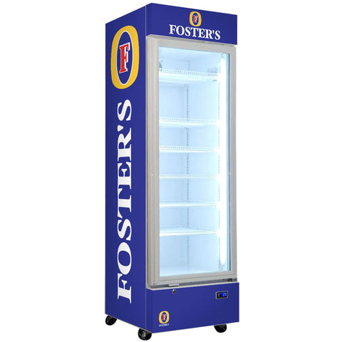Fosters Lager Branded Design - Upright Quiet Running Glass Door Bar Fridge - Model SC372W-FOSTERS