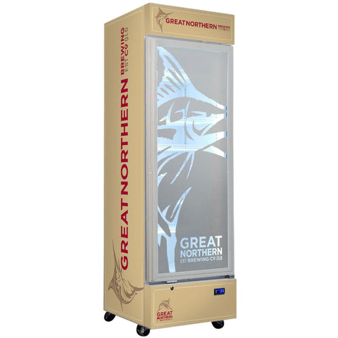Great Northern Branded Design - Upright Quiet Running Glass Door Bar Fridge - Model SC372W-GNBC-GOLD