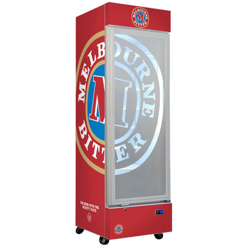 Melbourne Bitter Branded Design - Upright Quiet Running Glass Door Bar Fridge - Model SC372W-MB