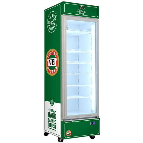 Original Victoria Bitter Branded Design - Upright Quiet Running Glass Door Bar Fridge - Model SC372W-VB2