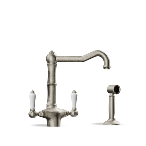 Two-Handle Kitchen Tap with Side Spray — Swivel Spout | Puglia Discover the Two-Handle Kitchen Tap with Side Spray — Swivel Spout | Puglia. Handmade in Italy, combining elegance and functionality.