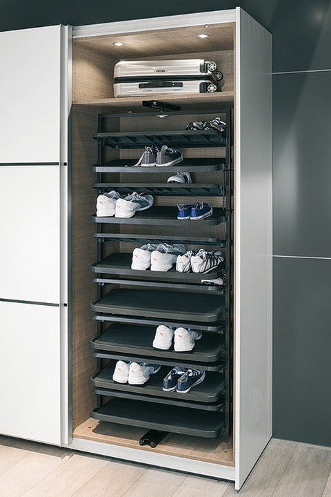 Pull out Shoe Rack Version Pull out show rack rotates through 180° Material Hanging frame: Steel, Shelves: Plastic Finish: BlackWhite Installation: Screw fixing to base panel and shelf For internal cabinet height (mm): 1,680/1000 Load bearing capacity (kg