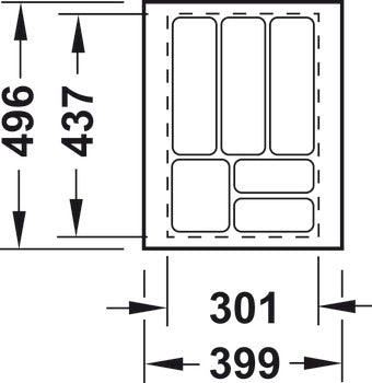 Basic Cutlery Tray Area of application: Suitable for drawers with a depth of 500 mm Version: With wide edge for cutting to exact drawer size Material: Plastic (vacuum formed) Finish: White grained Height: 50 mm Thickness: 2.5 mm Insert width: 176 - 299 mm
