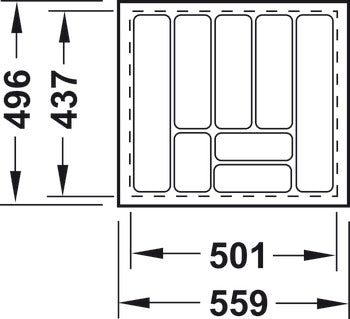 Basic Cutlery Tray Area of application: Suitable for drawers with a depth of 500 mm Version: With wide edge for cutting to exact drawer size Material: Plastic (vacuum formed) Finish: White grained Height: 50 mm Thickness: 2.5 mm Insert width: 176 - 299 mm