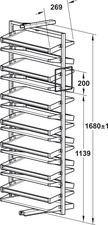 Pull out Shoe Rack Version Pull out show rack rotates through 180° Material Hanging frame: Steel, Shelves: Plastic Finish: BlackWhite Installation: Screw fixing to base panel and shelf For internal cabinet height (mm): 1,680/1000 Load bearing capacity (kg