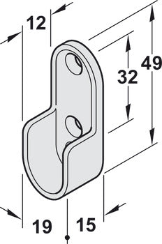 Oval Rail End Support | Brass Material: Zinc alloy Finish: Brass Mounting: Screw fixing to side panel, into 32 mm series drilled holes, with 3 screw holes Dimensions: 19 x 15 x 49 mm Packing: 1 piece Suitable with following products: Oval Wardrobe Rail (C
