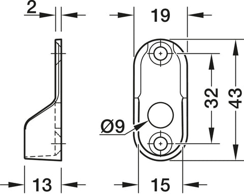 Durable nickel-plated zinc alloy rail end support for oval 30 x 15 mm wardrobe rails, designed for secure side panel screw fixing and integrated Loox lighting cable outlet; compact and modern design fits standard 32 mm series drilled holes.