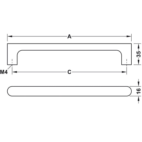 Timber Furniture Handle in Ash Black Stained or Oak Natural Lacquered, 35 Height Material: AshOak Finish: Black StainedNatural Lacquered Hole Centres: 128 mm192 mm256 mm Dimensions: 144 x 35 mm208 x 35 mm272 x 35 mm Note: Please order screws separately:02