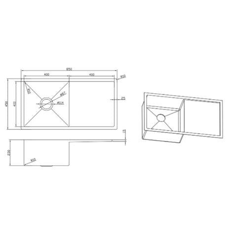 Sink with Drainer Stainless Steel, 850 x 450 x 230mm - Brushed Nickel