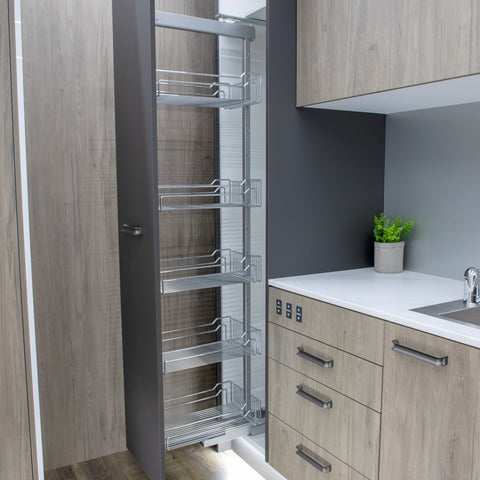 Project Plus Dispensa Pantry Brand: Kesseböhmer Material: Steel support frame, wire baskets Finish: Powder-coated silver extension,Chrome plated Polished baskets Number of baskets: 5 Load capacity: 70 kg Version: Height adjustable, full extension Internal