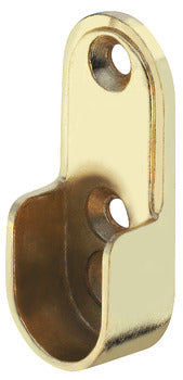 Oval Rail End Support | Brass Material: Zinc alloy Finish: Brass Mounting: Screw fixing to side panel, into 32 mm series drilled holes, with 3 screw holes Dimensions: 19 x 15 x 49 mm Packing: 1 piece Suitable with following products: Oval Wardrobe Rail (C