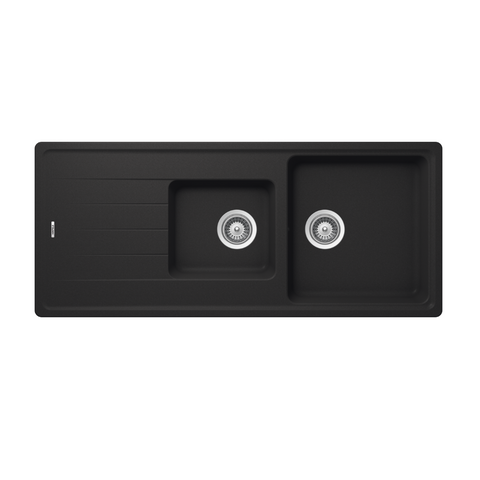 Quartz 1 & 3/4 Bowl Sink Features: 1 & 3/4 BowlPush/pull plug waste connectionsTop and under mount installationImpact, stain and heat resistant Material: 80% Quartz15% Acrylic Finish: Black OnyxWhite Alpina Dimensions (L x W x D): 1160 x 500 x 180mm Bowl
